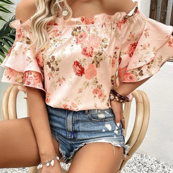 Floral Print Off Shoulder Ruffle Trim Flounce Sleeve Blouse - Picture 4 of 5